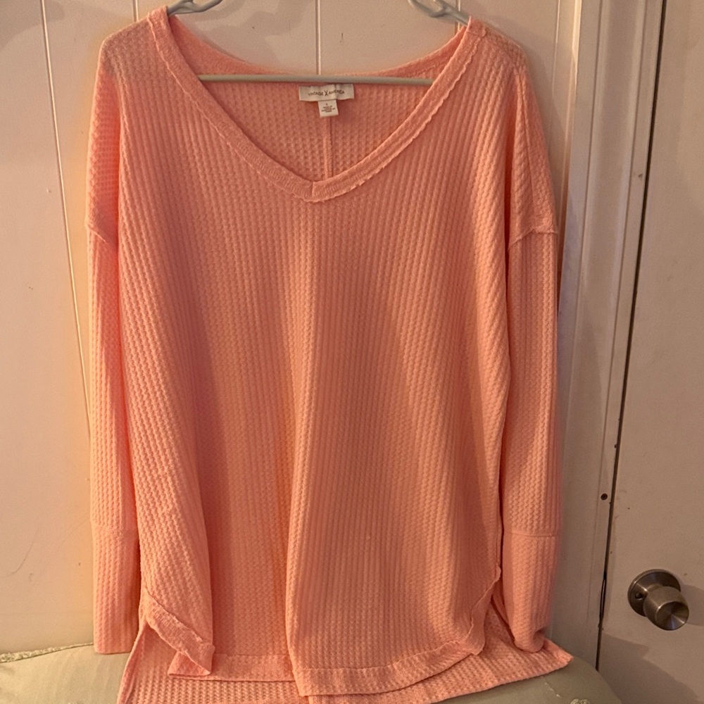 Vintage America Pink Waffle Knit V-Neck Long Sleeve Top